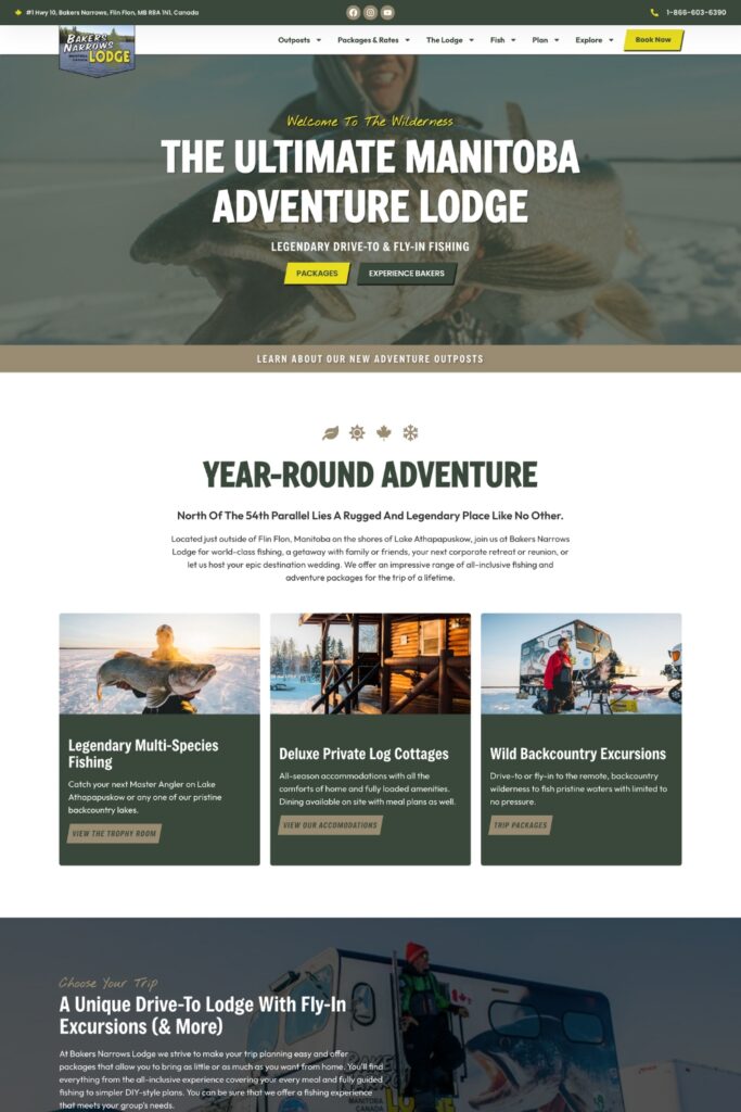 Homepage of the Bakers Narrows Lodge website, designed by Central Lakes Digital
