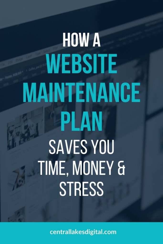 A laptop screen with text overlay "How Website Maintenance Plan Saves You Time, Money & Stress"