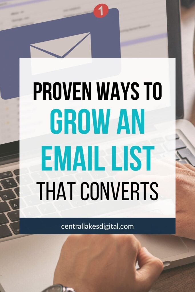 Laptop screen with a large email icon and text overlay reading “Proven Ways to Grow an Email List That Converts”