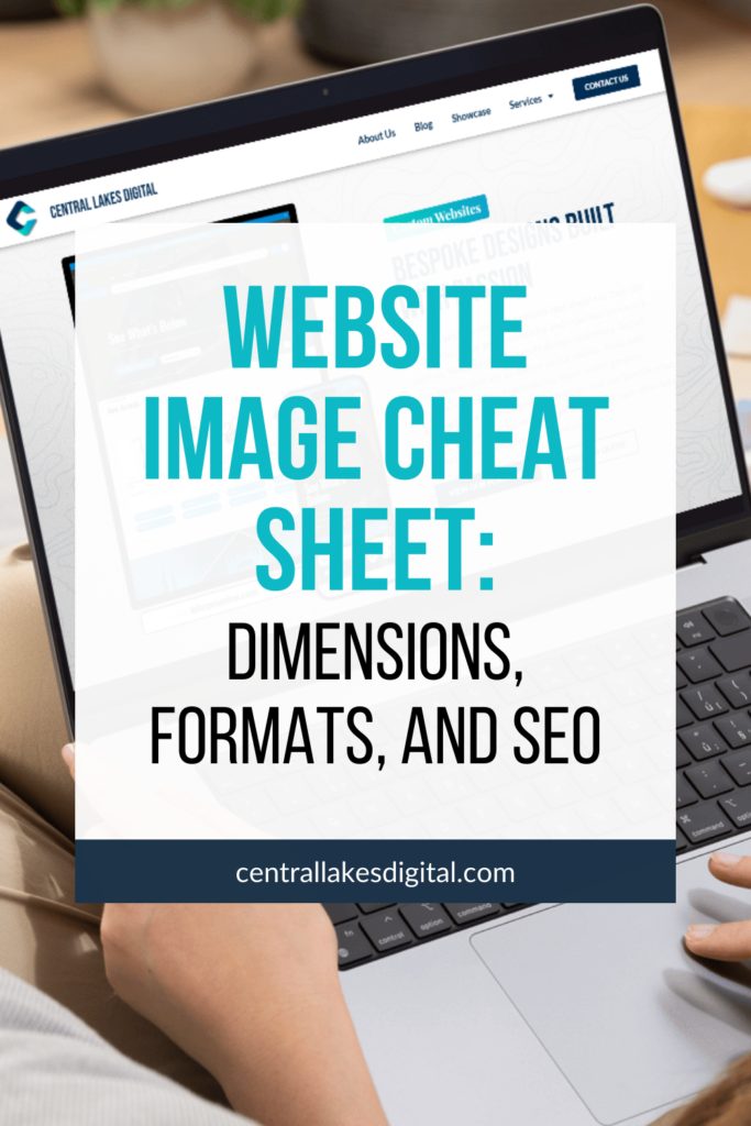 A laptop screen with a clean website images layout with text overlay, "Website Image Cheat Sheet: Dimensions, Formats, and SEO"