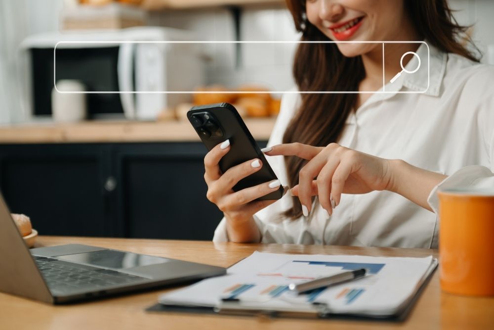 A woman using her phone with a search bar overlay, comparing traditional search to Generative Search Optimization.