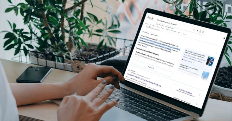 A woman viewing an AI-powered Google search result, demonstrating Generative Search Optimization in action.
