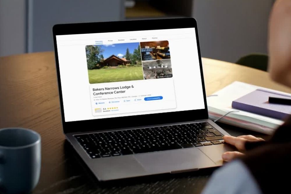 A laptop screen displaying a complete example of Google Business Profile for a local business.