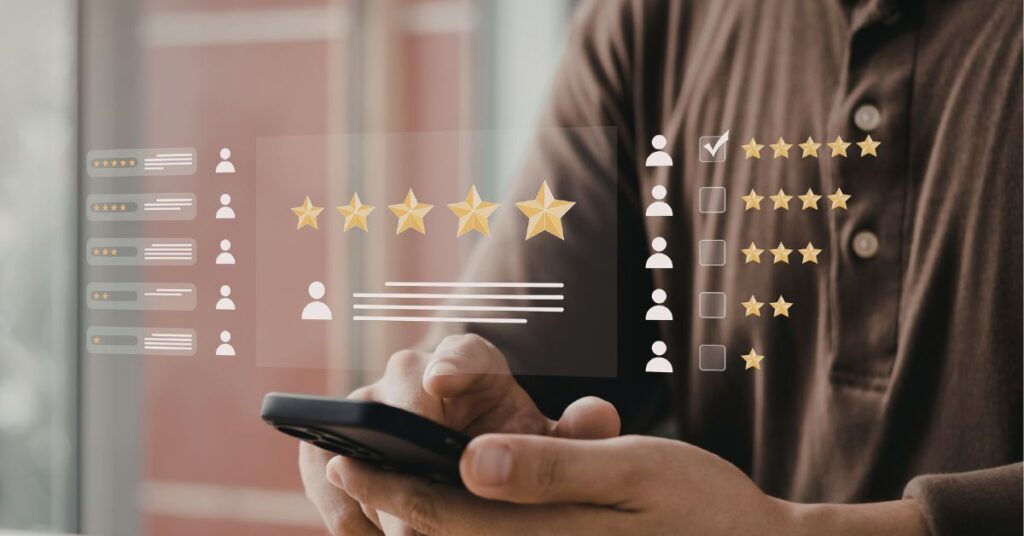 Customer using a smartphone to read reviews for Google Business Profile optimization.