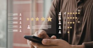 Customer using a smartphone to read reviews for Google Business Profile optimization.