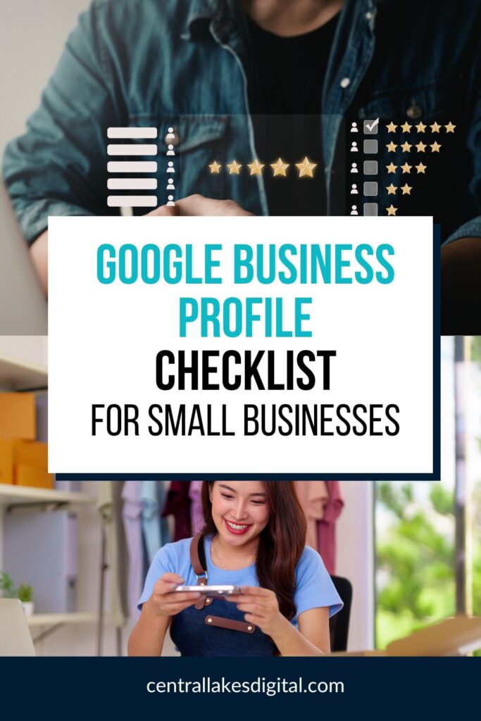 a man and woman looking at their google business profile with text overlay "Google Business Profile Checklist for Small Businesses"