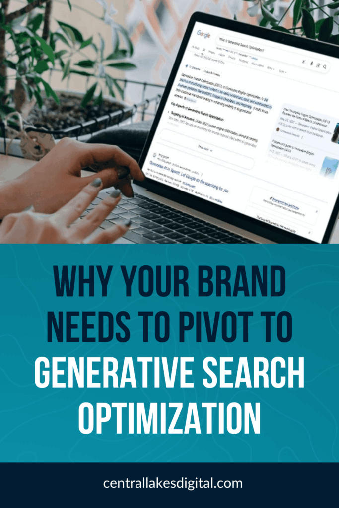 A laptop showing Google Search interface with text overlay "Why Your Brand Needs to Pivot to Generative Search Optimization"