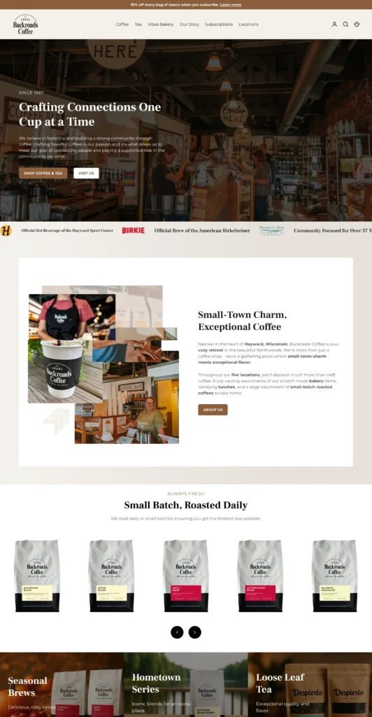 Homepage of the Backroads Coffee website