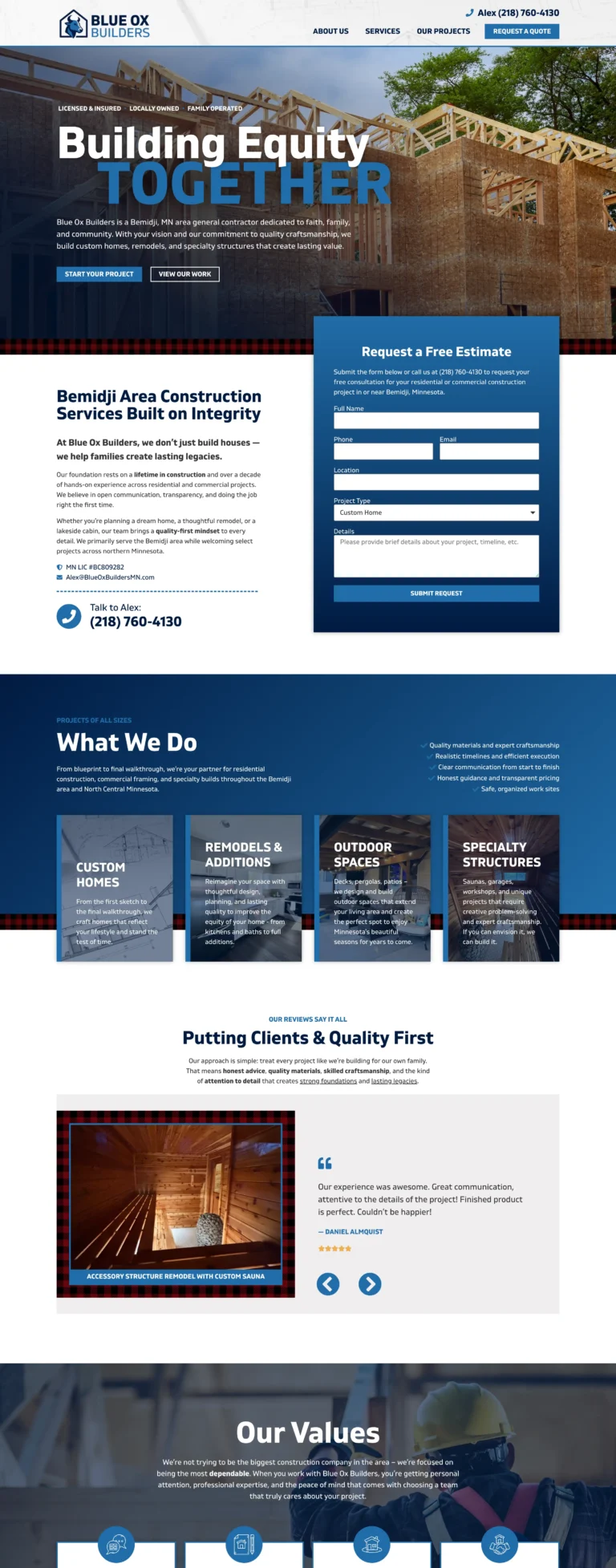 Homepage of the Blue Ox Builders website