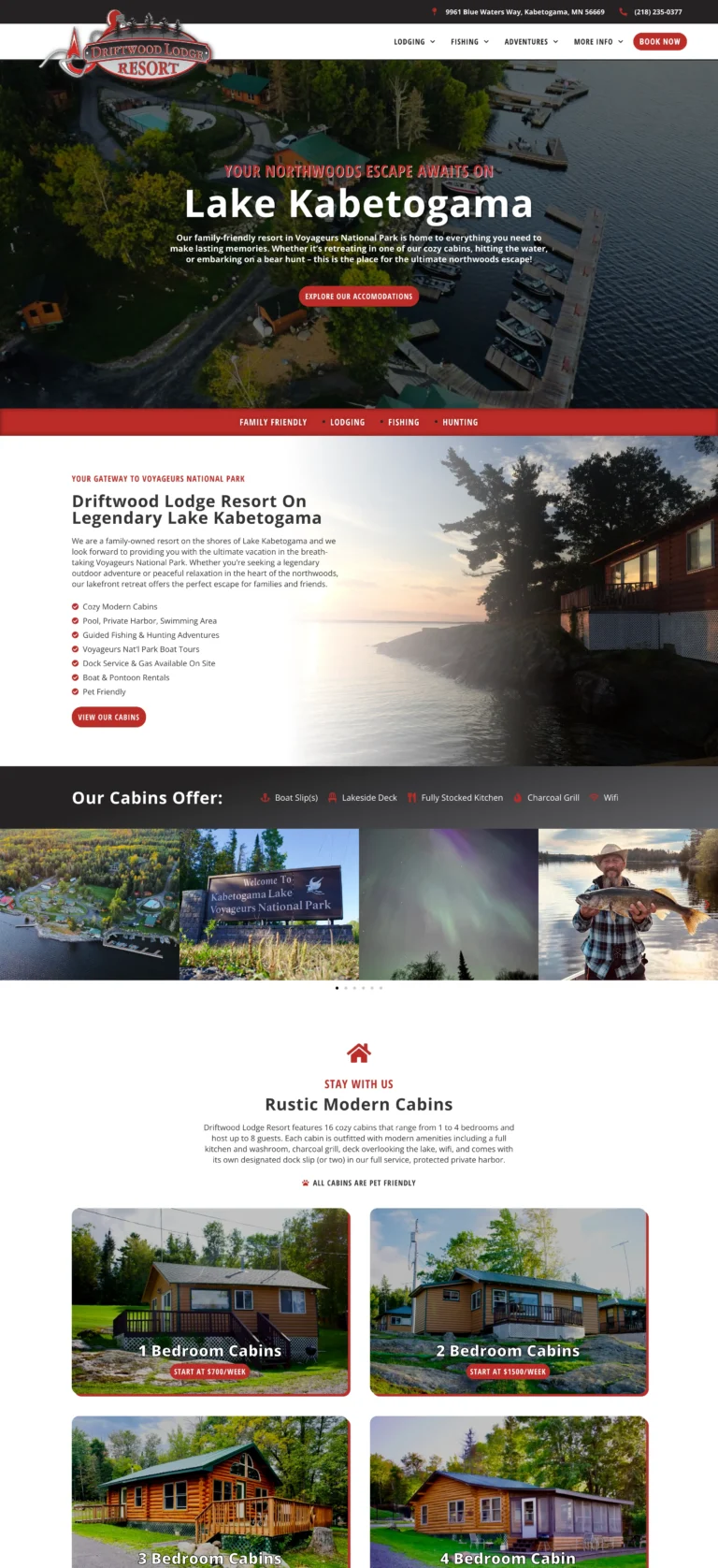 Homepage of the Driftwood Lodge Resort website, designed by Central Lakes Digital