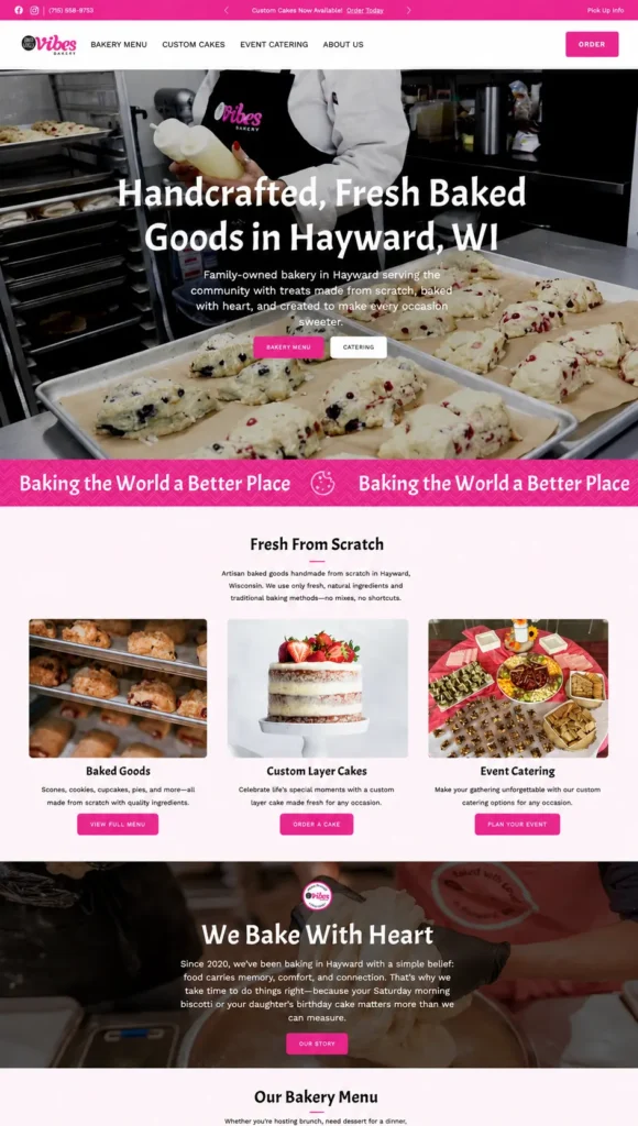 Homepage of the Vibes Bakery website