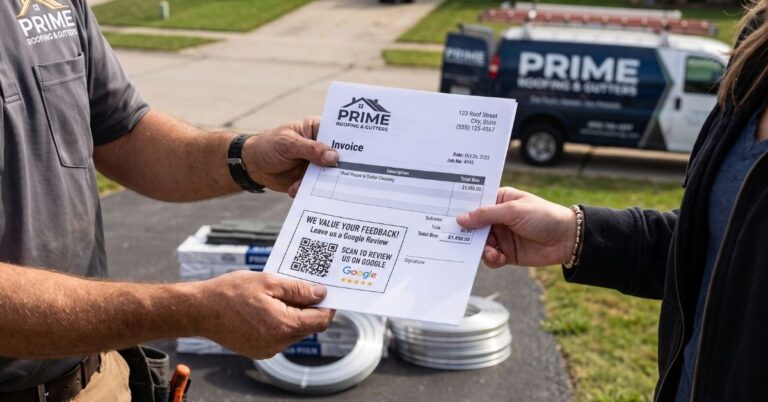 Contractor handing an invoice to a customer to request Google Reviews right after completing service.